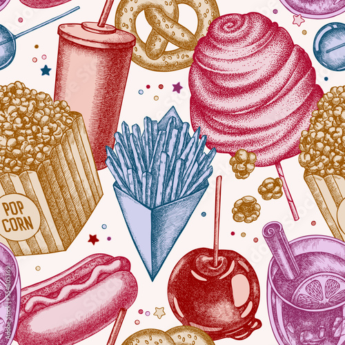 Carnival food seamless pattern background design. Engraved style. Hand drawn french fries, pretzel, popcorn, lemonade, hot dog, mulled wine, caramel apple, cotton candy, lollipop.