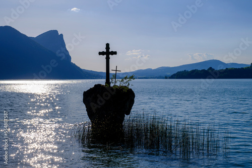 Austria, Salzburg, Kreuzstein cross in Mondsee Lake photo