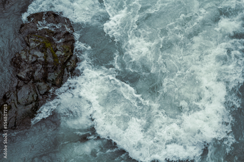 Obraz premium Swirling Hvira river with rock landscape photo. Beautiful nature scenery photography with water flow on background. Idyllic scene. High quality picture for wallpaper, travel blog, magazine, article