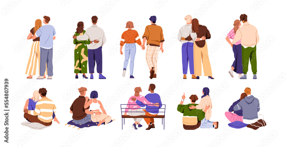 Love couples dating, hugging, walking, back view. Men and women in romantic relationship, embracing, sitting, standing during rendezvous. Flat vector illustrations isolated on white background