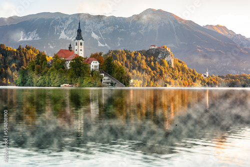 Slovenia, Bled, View of Bled Island with mountains in background photo