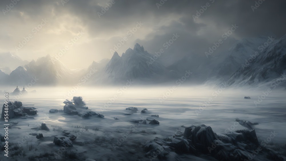 Epic mountain landscape in cold colors.