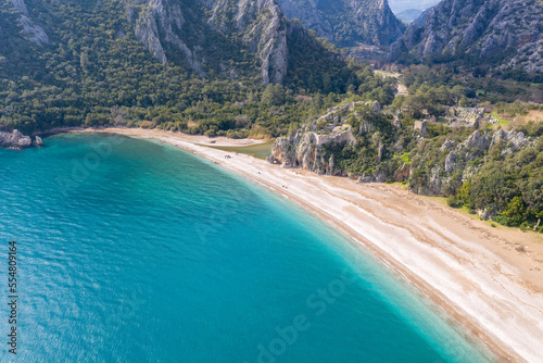 Aerial view of Olympos beach and remains of Ancient City on sunny winter day. Turkey.