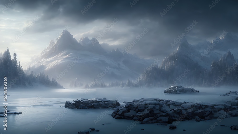 Epic mountain landscape in cold colors.