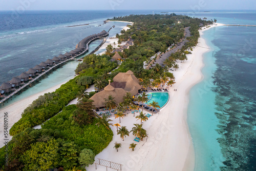 Aerial view of tourist resort and water bungalows at Maldives