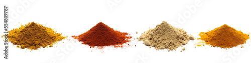Set spice pile, curry pile, red paprika powder, ginger ground, turmeric isolated on white, side view
