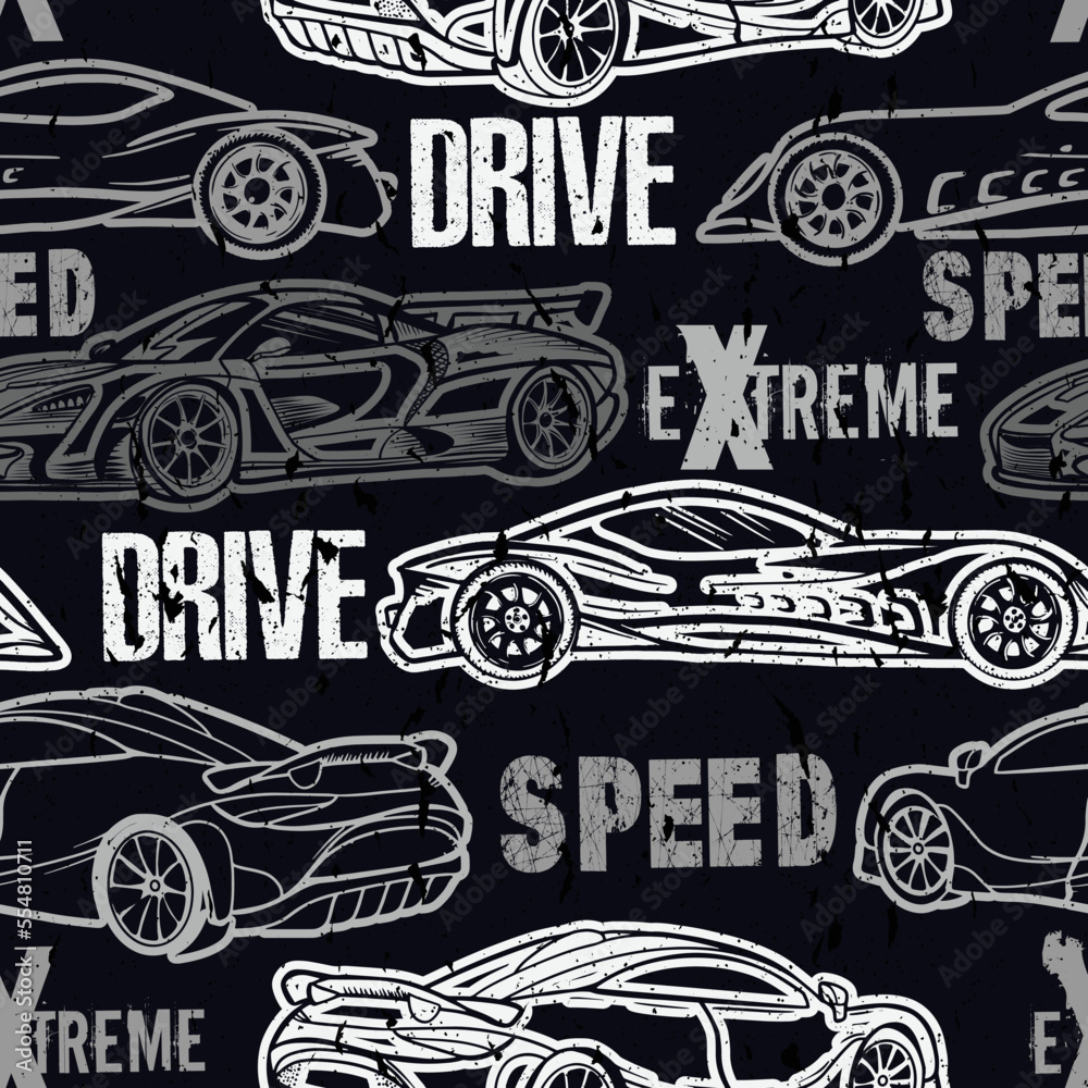 Hand drawn Abstract seamless pattern with  cars with grunge elements for textiles, children's clothes, prints. Pattern for boys