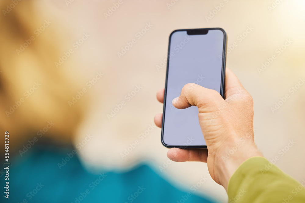 Hand, phone and mockup for social media, advertising or marketing in texting, chatting or communication. Hands of user on smartphone technology mock up screen display for mobile app or networking