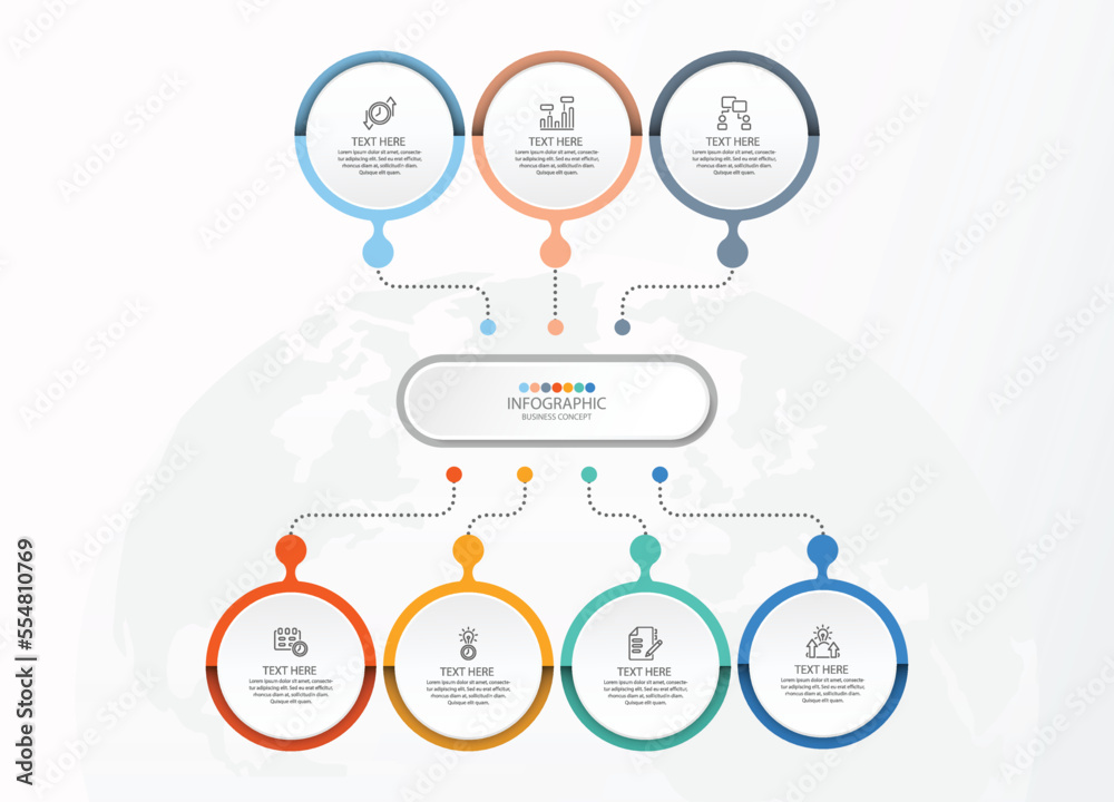 Process infographic with 7 steps, process or options.