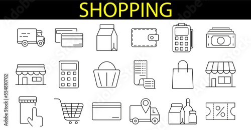 Set of black icons for retail, grocery, restaurant food delivery concepts. express order, mobile shop.
