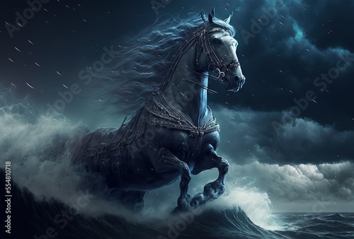 illustration of beautiful black horse, galloping, on ocean wave