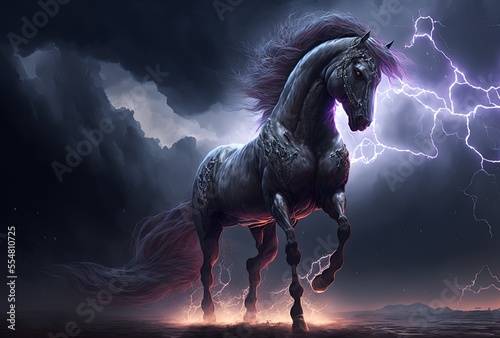 illustration of beautiful black horse with bad weather, look powerful and fairytale and symbol of unexpected succeed, 