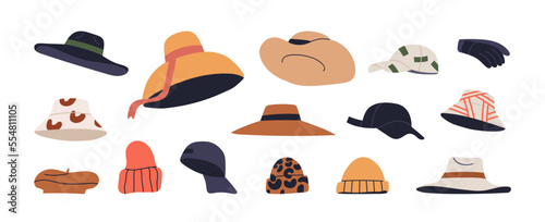Hats, caps, panamas set. Knitted, straw, beach head wear, accessories designs. Different modern types of women and men headwears, headdresses. Flat vector illustrations isolated on white background