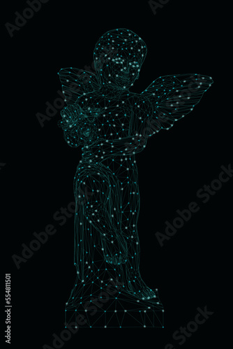 Wireframe of an angel boy with wings and flowers in his hands from blue lines with glowing lights isolated on a dark background. 3D. Vector illustration.