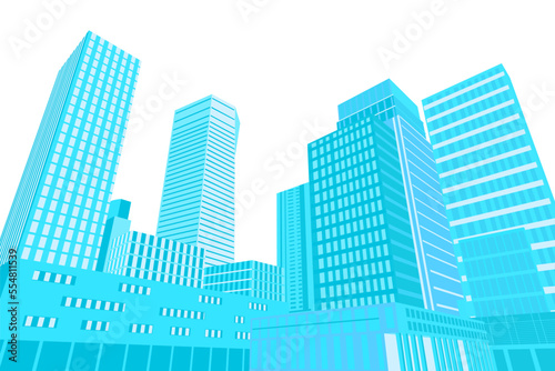 Many skyscrapers in blue colors isolated on a dark background. Bottom view. Flat style. Vector illustration.