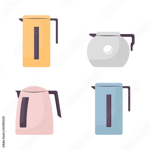 Electric kettles semi flat color vector objects set. Editable elements. Items on white. Tea supplies. Kitchenware simple cartoon style illustration for web graphic design and animation collection