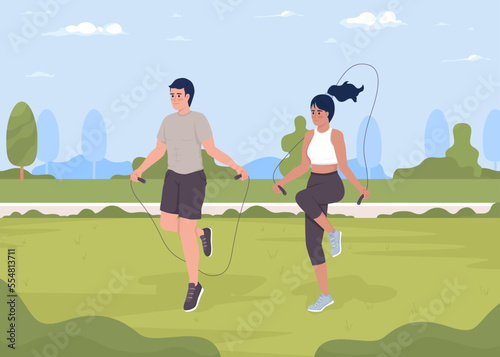 Doing jumping rope exercise flat color vector illustration. Cardio workout. Training outside. Sport activities on fresh air. Fully editable 2D simple cartoon characters with park on background