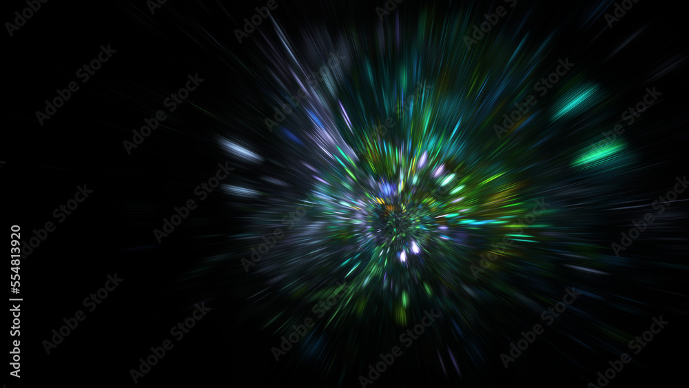 Abstract colorful blue and green lights. Fantastic space background. Digital fractal art. 3d rendering.