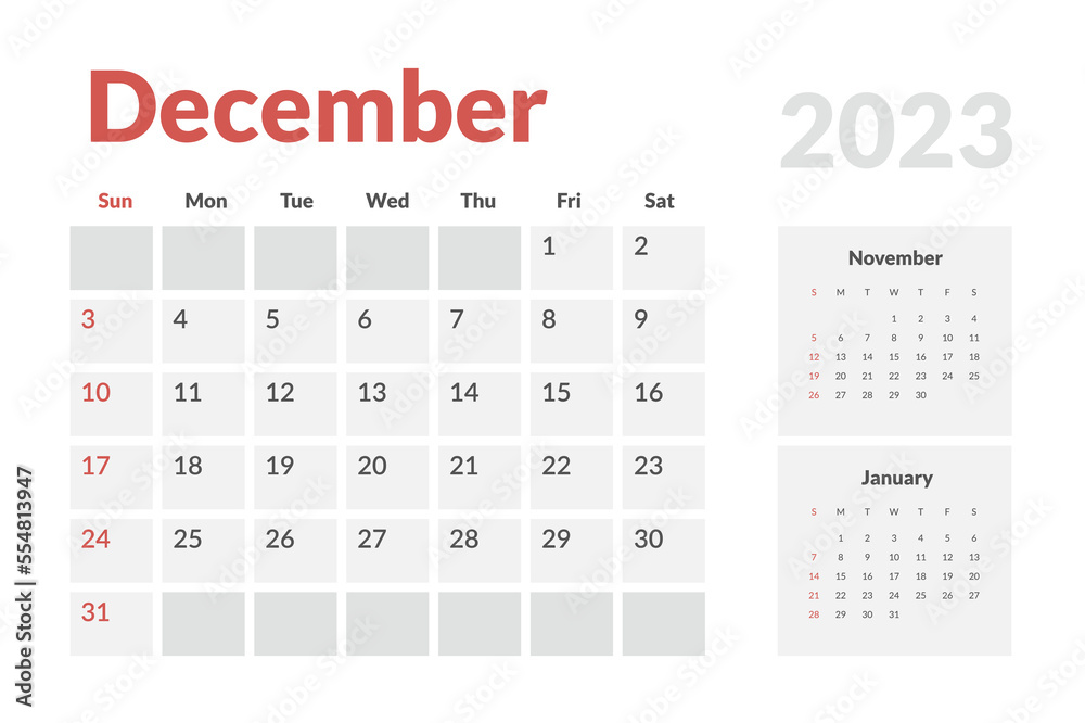 Monthly Calendar Template of december 2023. Vector simple gray grid layout for wall or desk calendar with week start on Monday for print Monthly Calendar Template of december 2023. Vector simple gray grid layout for wall or desk calendar with week start on Monday for print