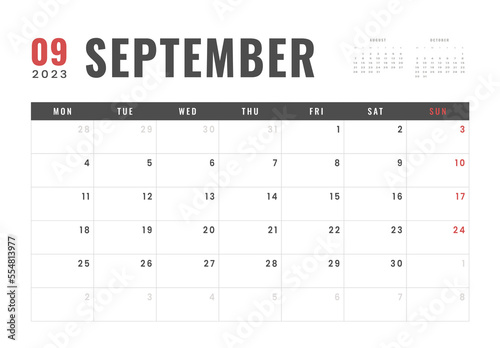 Monthly Calendar Template of september 2023. Vector simple gray grid layout for wall or desk calendar with week start on Monday for print
