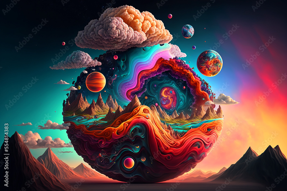  fantastical planet with swirling clouds and colorful landscapes. Generative AI - obrazy, fototapety, plakaty 
