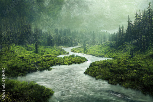 Landscape with river in forest with mountain  Generative AI 