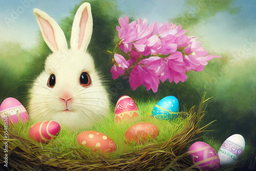Easter bunny or rabbit, spring meadow with colorful eggs in a nest and flowers, holiday greeting card, generative ai