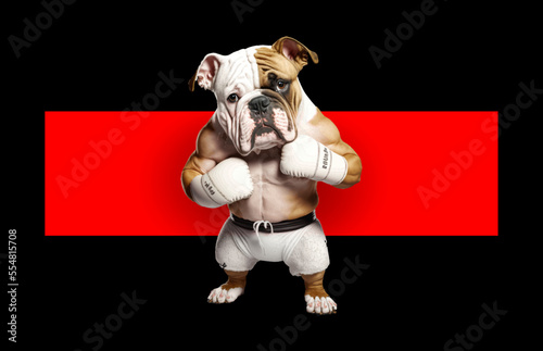 The boxer dog stands in shorts and boxing gloves. Vector illustrator