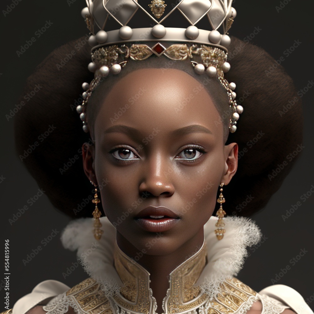 Regal mixed race queen with golden crown, created with generative ai