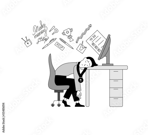 Fatigue employee in office doodle illustration scene.