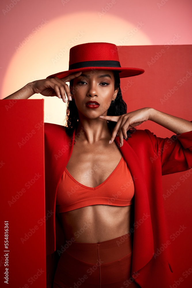 Beauty, fashion and red aesthetic woman in studio for creative art portrait  for makeup, cosmetics and