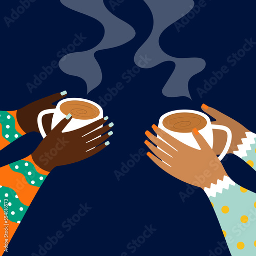 girls hands holding hot drink. vector illustration.