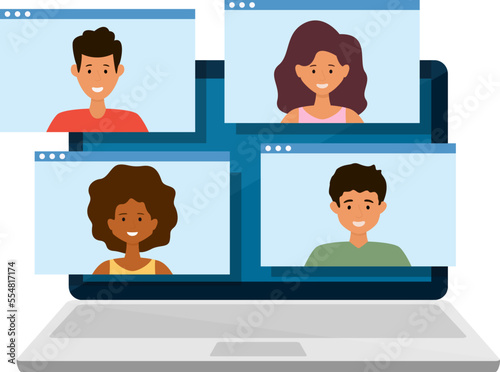 Video conference group people on laptop screen. Video call. Online communication. Vector isolated illustration.