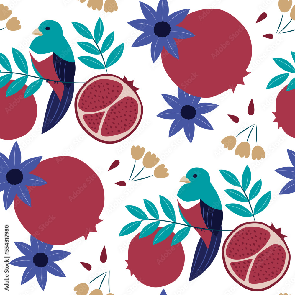 The print design consists of birds, pomegranates, and flowers suitable for seamless patterns