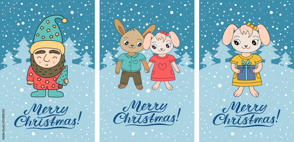 Greeting card. Symbol of 2023 year. Couple of rabbits. Cartoon gnome with christmas tree. Bunnies illustration. Animal character Greeting card. Symbol of 2023 year. Couple of rabbits. Cartoon gnome with christmas tree. Bunnies illustration. Animal character