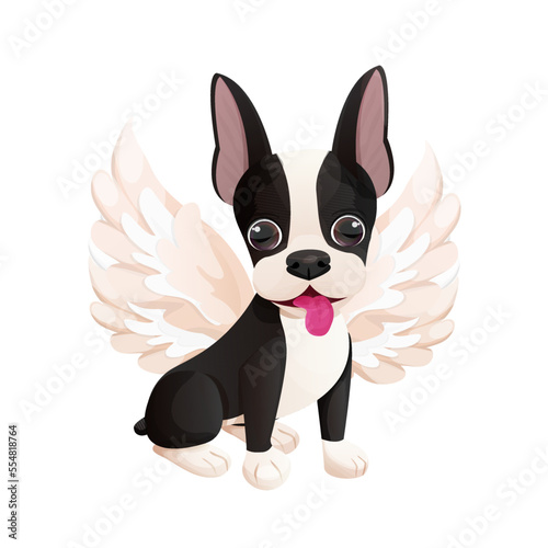 Cute Boston terrier cool sweet puppy sitting with angel wings in cartoon style isolated on white background. Cute dog, print design
