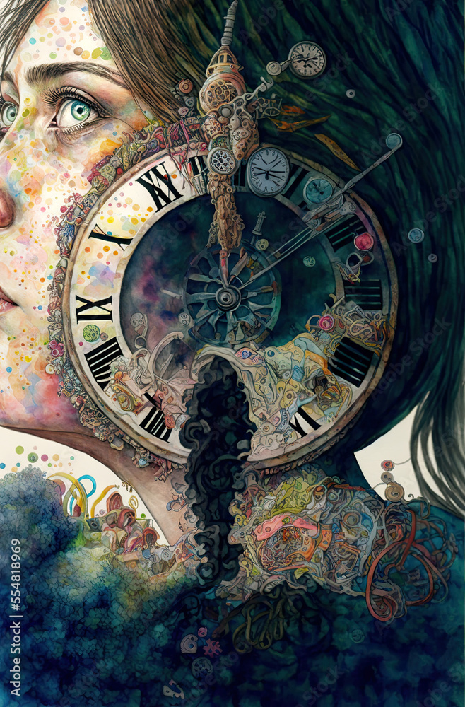 Obraz premium Looking back 2023, looking forward 2024, time stays still at midnight, happy new year, watercolor detailed time, clock and woman face, illustration, generated art, ai