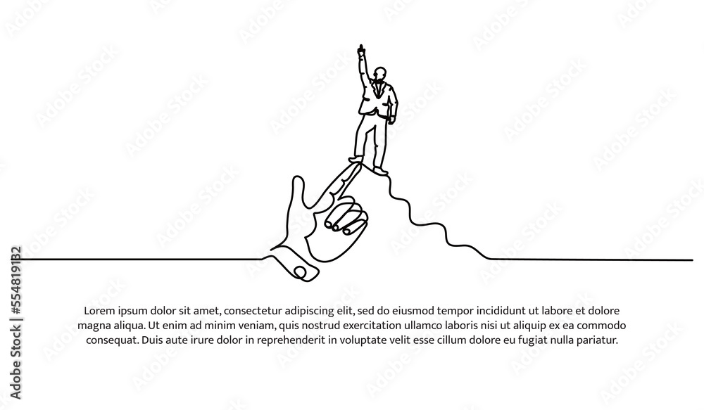 Continuous line design of hands supporting the person at the highest point of the hill. Leadership and motivation concept design. Decorative elements drawn on a white background.