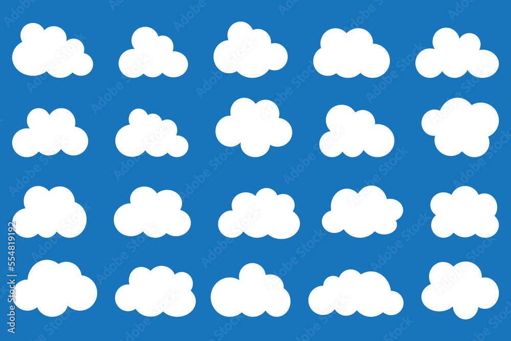 Flat cloud shape vector icon set on blue background.