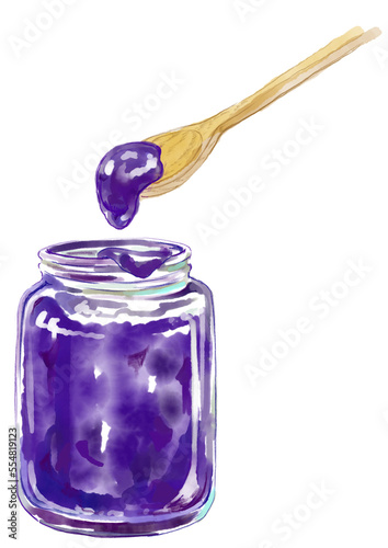 紫のジャムが入ったビンとスプーンの水彩イラスト
