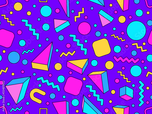 Geometric seamless pattern with memphis elements in 80s style. 3d geometric shapes with stroke. Colorful background. Design of promotional products, wrapping paper and printing. Vector illustration