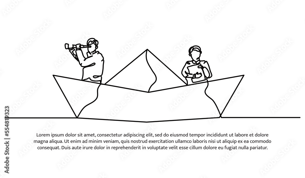 Continuous line design of sailing team members. Leadership concept design. Decorative elements drawn on a white background. Continuous line design of sailing team members. Leadership concept design. Decorative elements drawn on a white background.