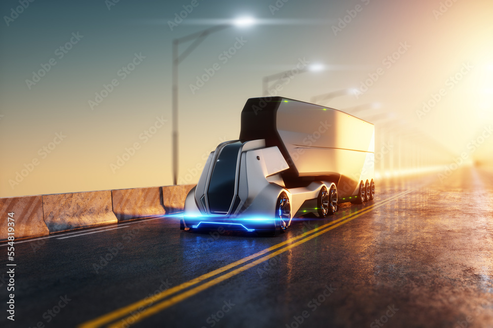 Unmanned autonomous cargo transportation. An autonomous, electric, self-driving truck moves along the road. Fast cargo delivery, transportation without drivers. 3D render, 3D illustration.