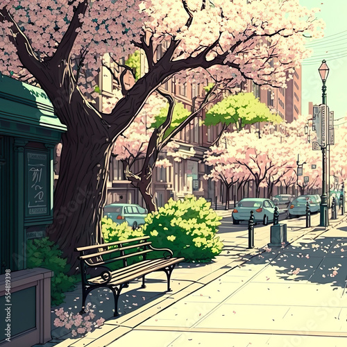 City street with spring flowering trees on a sunny day, AI generated illustration.