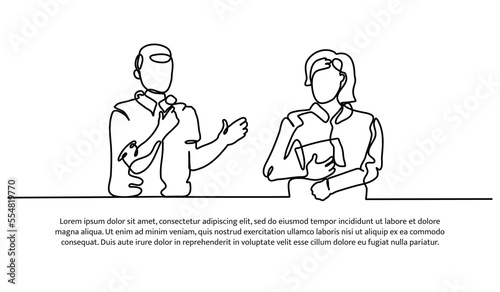 Continuous line design of a man interviewing a businesswoman. Decorative elements drawn on a white background.