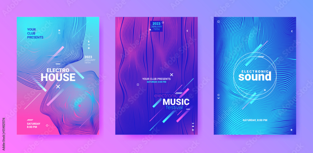 Futuristic Abstract Dance Poster. Electro Sound Flyer. Techno Music Cover. Vector Dj Background. Dance Posters. Technology Festiv Banner. Gradient Distort Waves. Abstract Dance Poster Set.