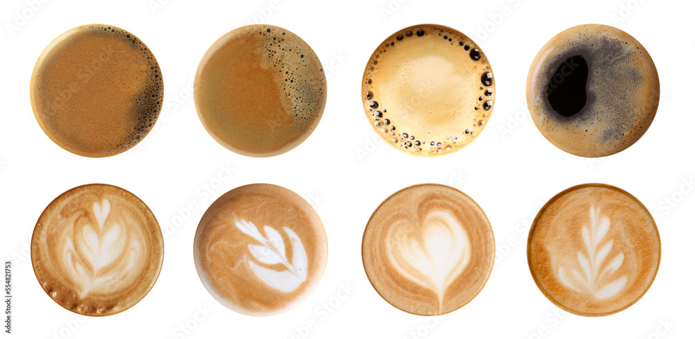 Many coffee drinks on white background, top view. Banner design
