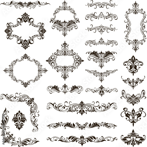 Vintage design lace borders monogram logo and corners, dividers Vector set art deco floral ornaments elements
