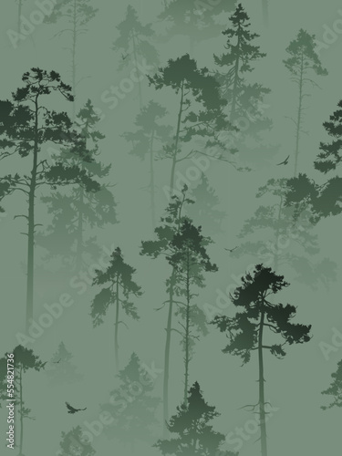 Seamless pattern with foggy forest and flying birds. Green tones  vector illustration. 