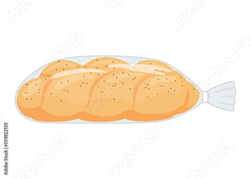 Challah bread in plastic transparent packaging. Pastry braid bread from wheat in pack bag with clip, bakery food. Loaf with poppy. Vector illustration